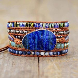 Natural Lapis Lazuli Stone Crystal Leather Braided Bracelet